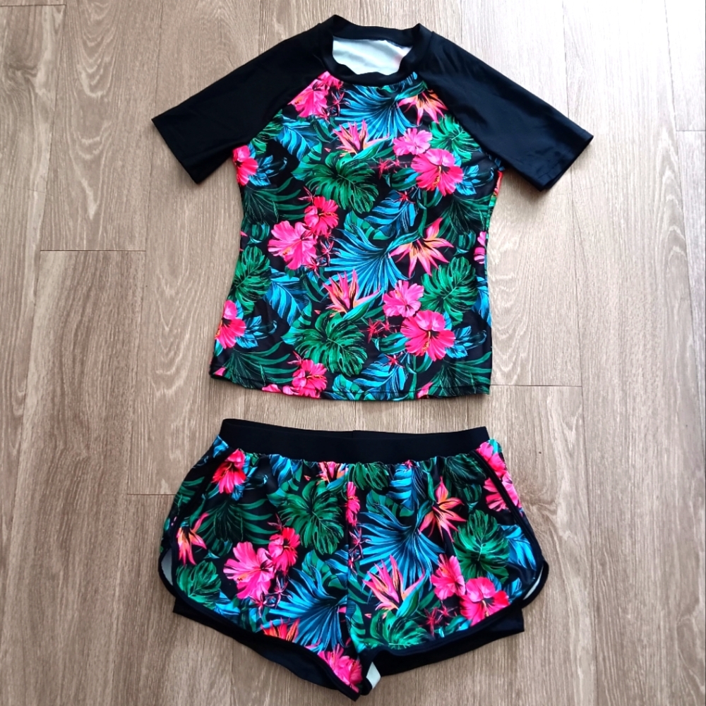 NEW Shein Rash Guard Two Piece Tropical Swimsuit Shirt and Shorts